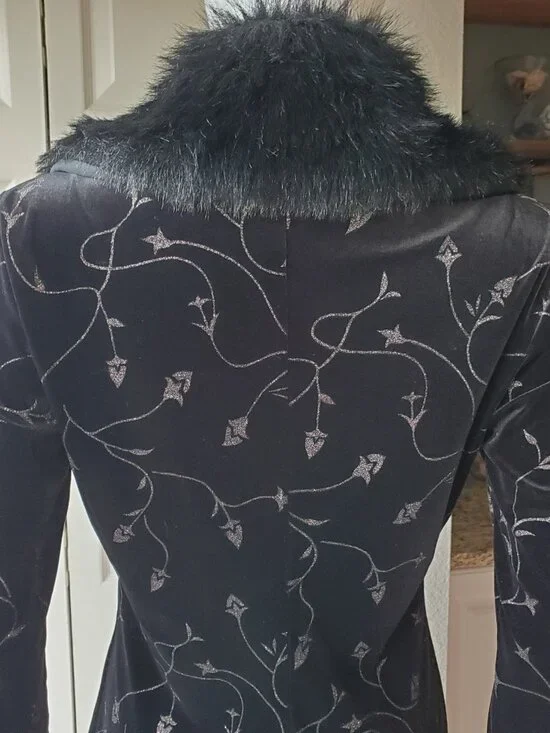 Fredericks Of Hollywood Black Velour Velvet Faux Fur Collar Coat Size Small - Picture 6 of 10